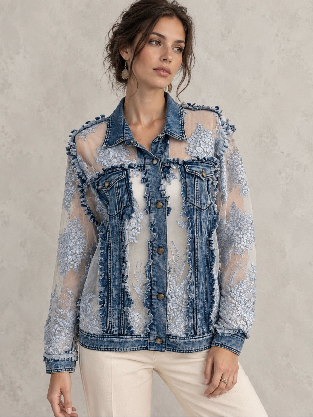 Ethyl Clothing Sheer Lace Panel Embroidered Distressed Denim Jean Jacket XXL